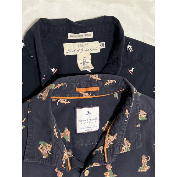 2 Hawaiian Shirts Hula Girls Aloha Surfing LOGG Denim & Flower 46" Chest (L-XL) - Picture 1 of 16